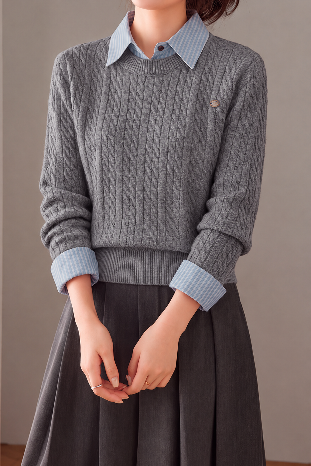 Casual Layered Look Striped Collared Cable Knit Sweater - liwisi