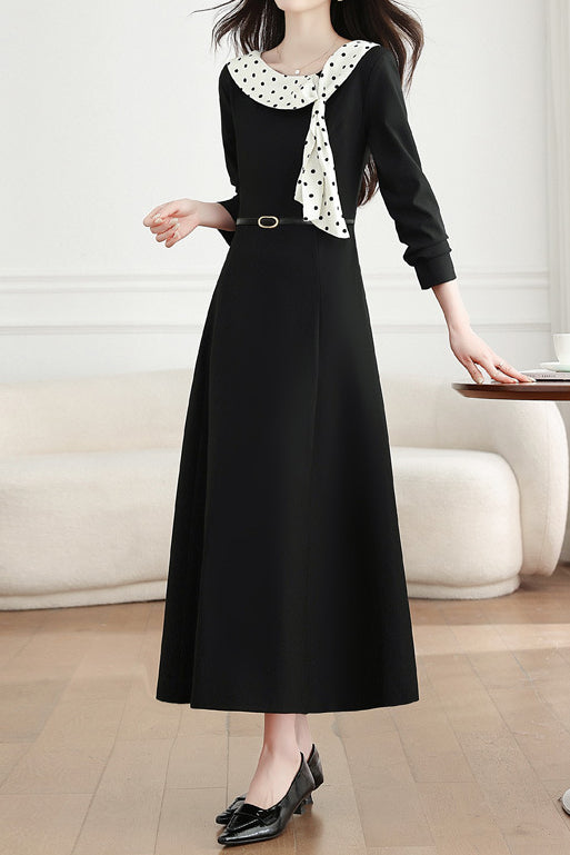 Elegant Polka Dot Tie Neck A-Line Dress - liwisi
