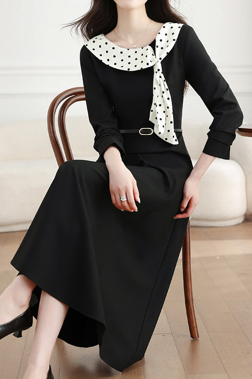 Elegant Polka Dot Tie Neck A-Line Dress - liwisi