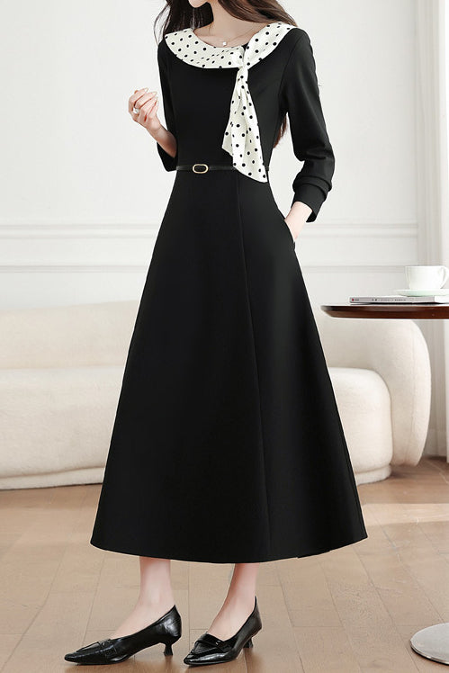 Elegant Polka Dot Tie Neck A-Line Dress - liwisi