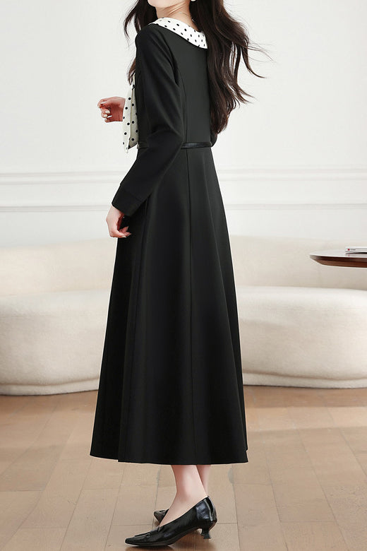 Elegant Polka Dot Tie Neck A-Line Dress - liwisi