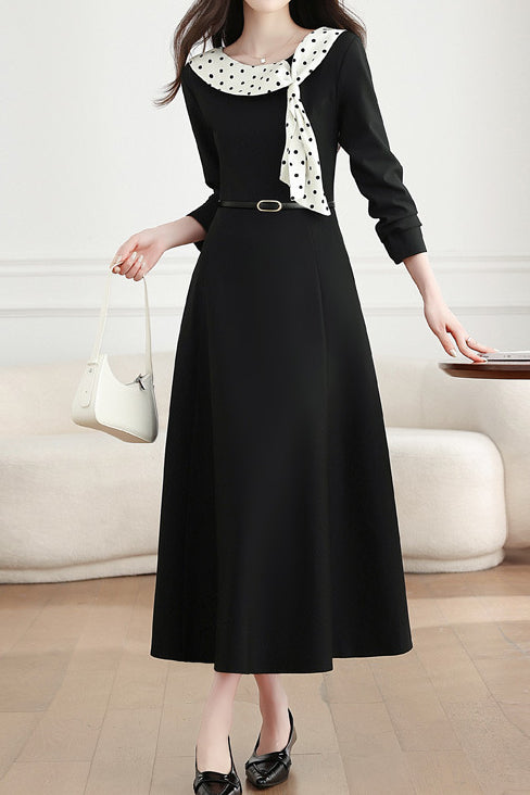 Elegant Polka Dot Tie Neck A-Line Dress - liwisi