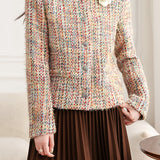 Elegant Crew Neck Multicolor Flecked Tweed Jacket - liwisi