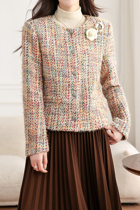 Elegant Crew Neck Multicolor Flecked Tweed Jacket - liwisi