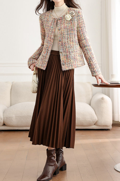 Elegant Crew Neck Multicolor Flecked Tweed Jacket - liwisi