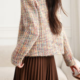 Elegant Crew Neck Multicolor Flecked Tweed Jacket - liwisi