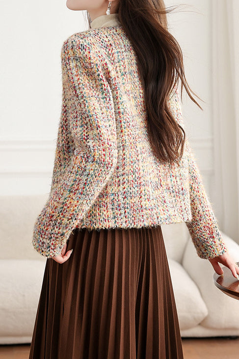 Elegant Crew Neck Multicolor Flecked Tweed Jacket - liwisi