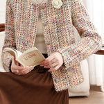 Elegant Crew Neck Multicolor Flecked Tweed Jacket - liwisi