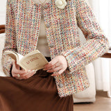 Elegant Crew Neck Multicolor Flecked Tweed Jacket - liwisi