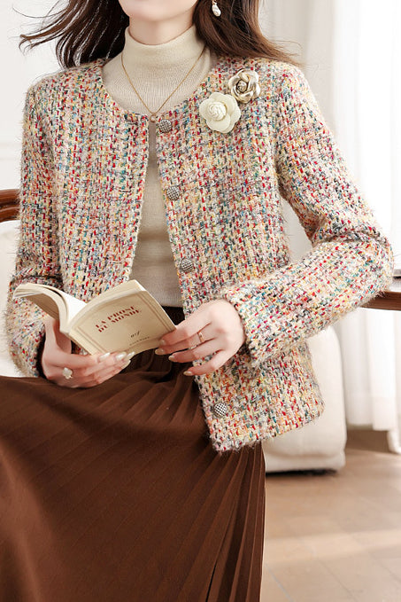 Elegant Crew Neck Multicolor Flecked Tweed Jacket - liwisi