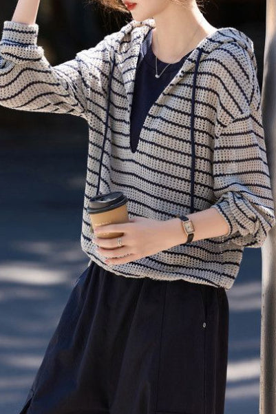 Casual Layered Look Striped Hooded Knit Sweatshirt - liwisi