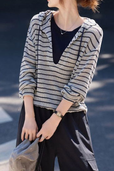 Casual Layered Look Striped Hooded Knit Sweatshirt - liwisi