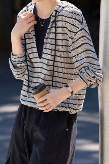 Casual Layered Look Striped Hooded Knit Sweatshirt - liwisi