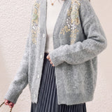 Chic V-Neck Beaded Long Sleeve Knit Cardigan