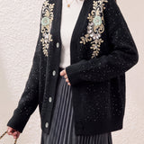 Chic V-Neck Beaded Long Sleeve Knit Cardigan
