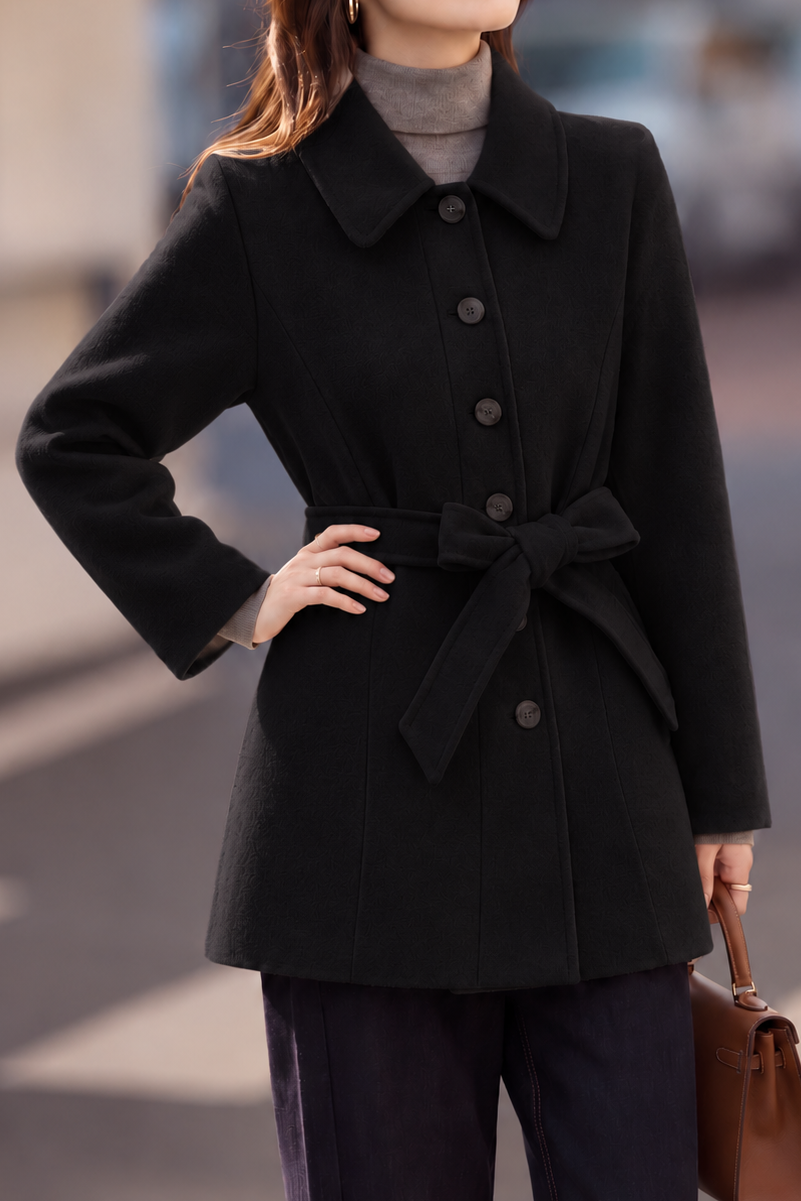 Chic Collared Belted Wool Blend Coat