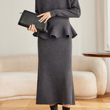 Elegant Crew Neck Peplum Knit Sweater and High Waist Skirt Set - liwisi