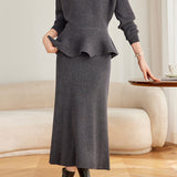 Elegant Crew Neck Peplum Knit Sweater and High Waist Skirt Set - liwisi