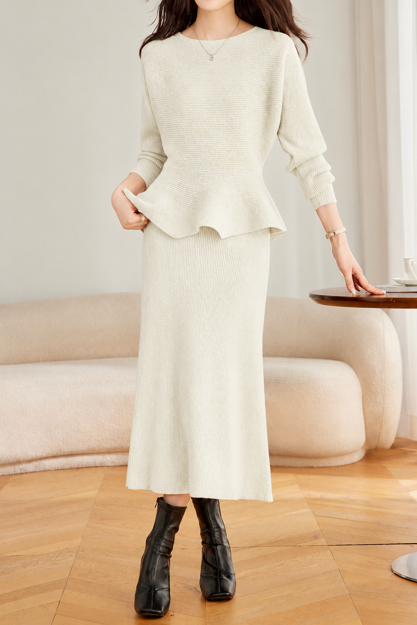 Elegant Crew Neck Peplum Knit Sweater and High Waist Skirt Set - liwisi