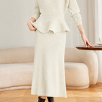 Elegant Crew Neck Peplum Knit Sweater and High Waist Skirt Set - liwisi