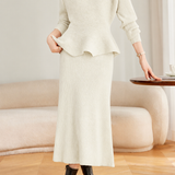 Elegant Crew Neck Peplum Knit Sweater and High Waist Skirt Set - liwisi