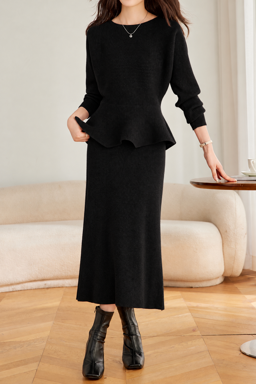 Elegant Crew Neck Peplum Knit Sweater and High Waist Skirt Set - liwisi