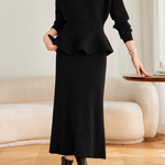 Elegant Crew Neck Peplum Knit Sweater and High Waist Skirt Set - liwisi