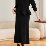 Elegant Crew Neck Peplum Knit Sweater and High Waist Skirt Set - liwisi