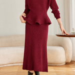 Elegant Crew Neck Peplum Knit Sweater and High Waist Skirt Set - liwisi