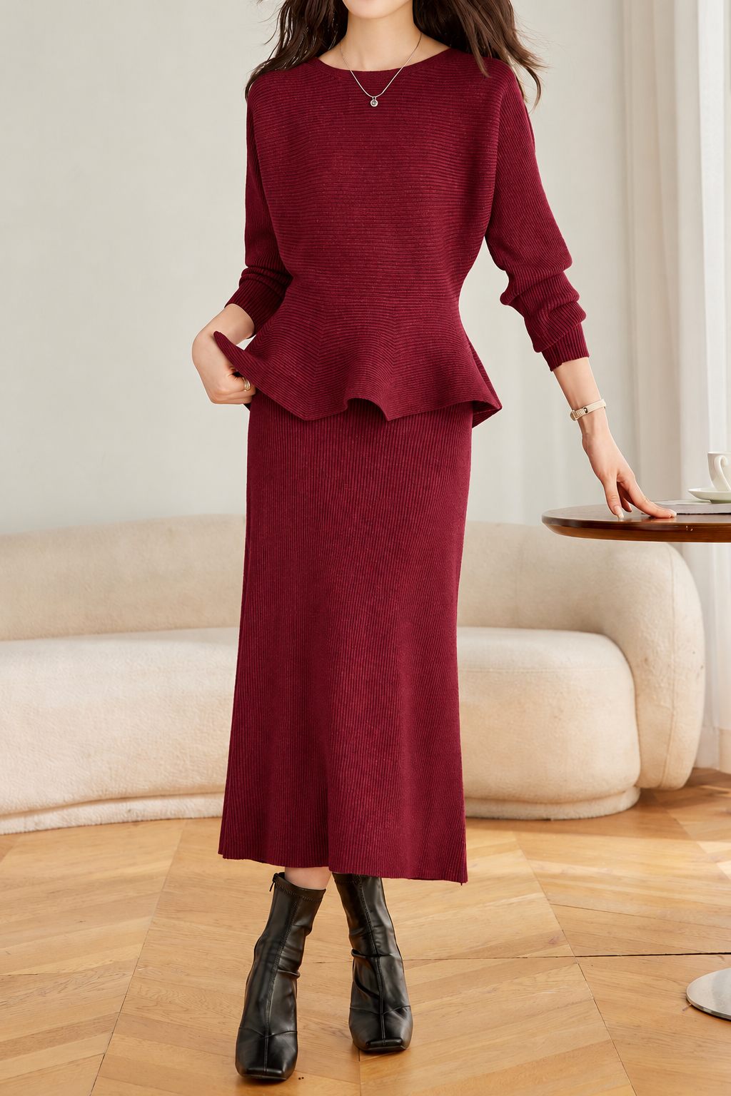 Elegant Crew Neck Peplum Knit Sweater and High Waist Skirt Set - liwisi