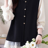 Chic Ruffle Trim Crew Neck Layered Look Long Sleeve Shirt - liwisi