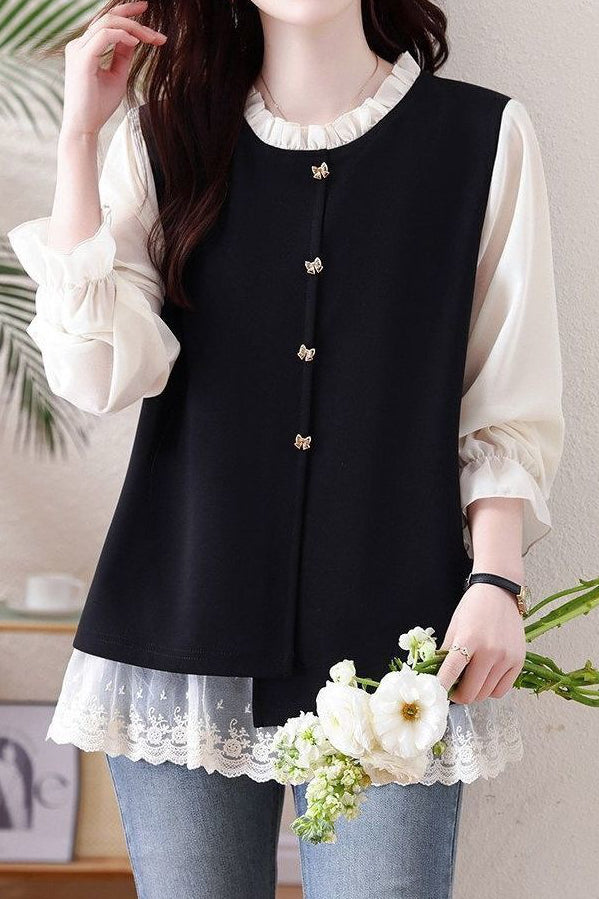 Chic Ruffle Trim Crew Neck Layered Look Long Sleeve Shirt - liwisi