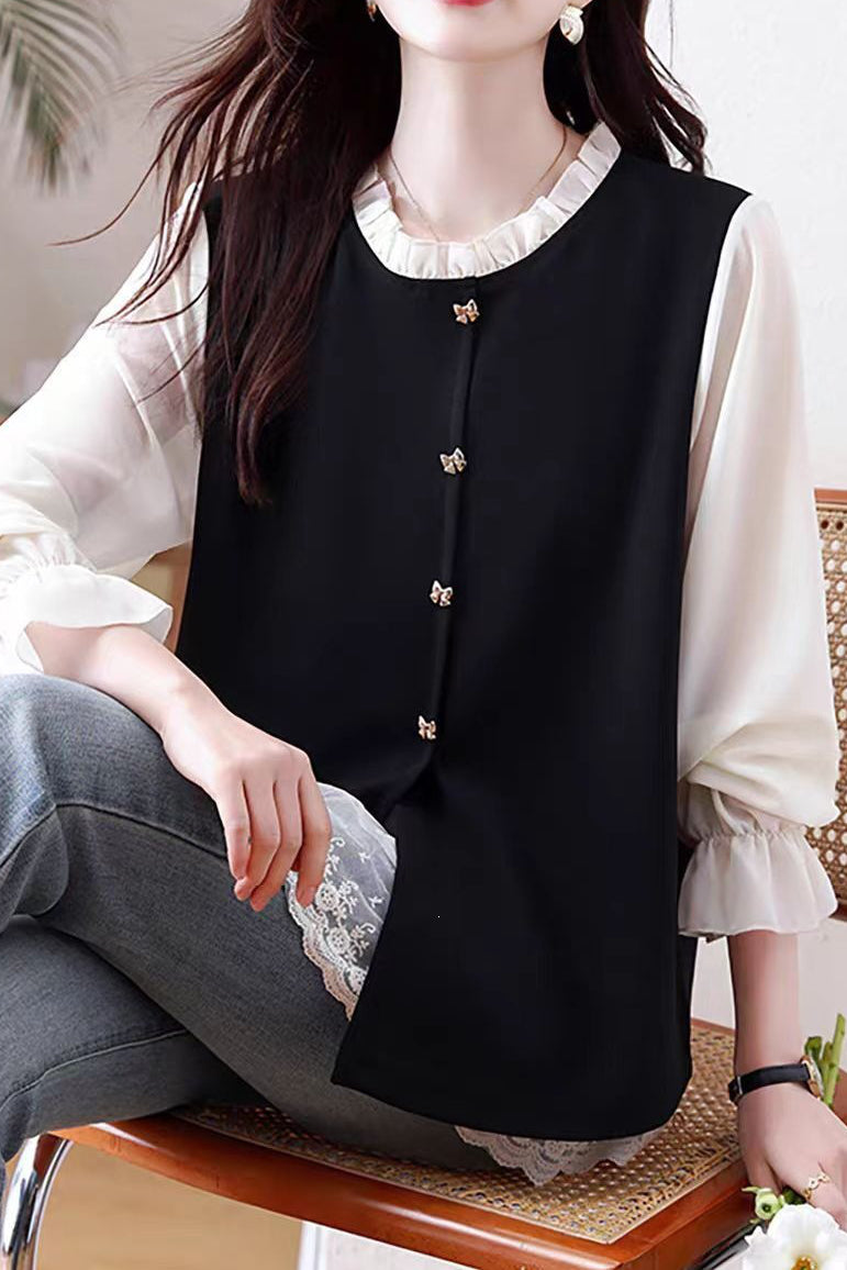 Chic Ruffle Trim Crew Neck Layered Look Long Sleeve Shirt - liwisi