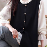 Chic Ruffle Trim Crew Neck Layered Look Long Sleeve Shirt - liwisi
