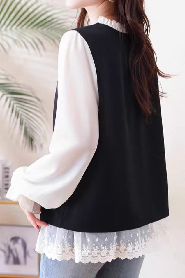 Chic Ruffle Trim Crew Neck Layered Look Long Sleeve Shirt - liwisi