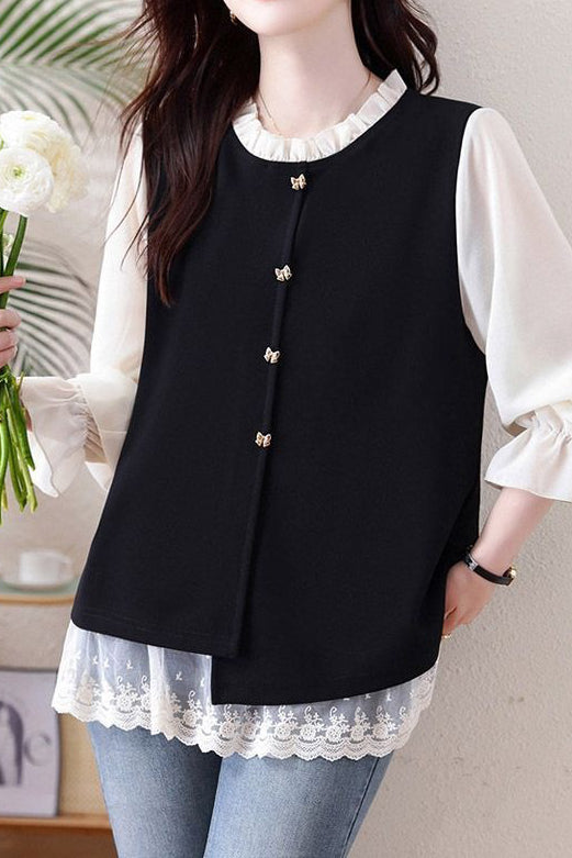 Chic Ruffle Trim Crew Neck Layered Look Long Sleeve Shirt - liwisi