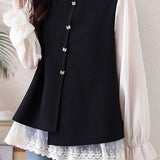 Chic Ruffle Trim Crew Neck Layered Look Long Sleeve Shirt - liwisi