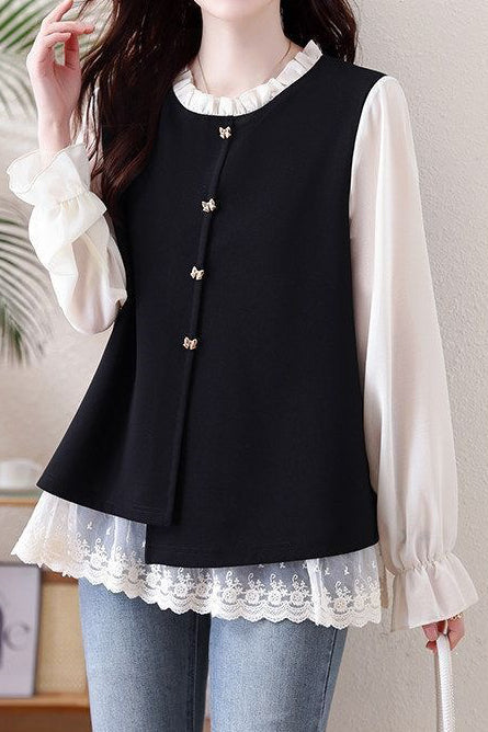 Chic Ruffle Trim Crew Neck Layered Look Long Sleeve Shirt - liwisi