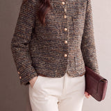 Chic Crew Neck Multicolor Flecked Tweed Jacket
