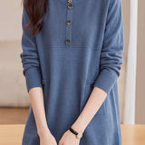 Casual Crew Neck Button Detail Longline Knit Sweater