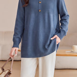 Casual Crew Neck Button Detail Longline Knit Sweater