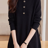 Casual Crew Neck Button Detail Longline Knit Sweater