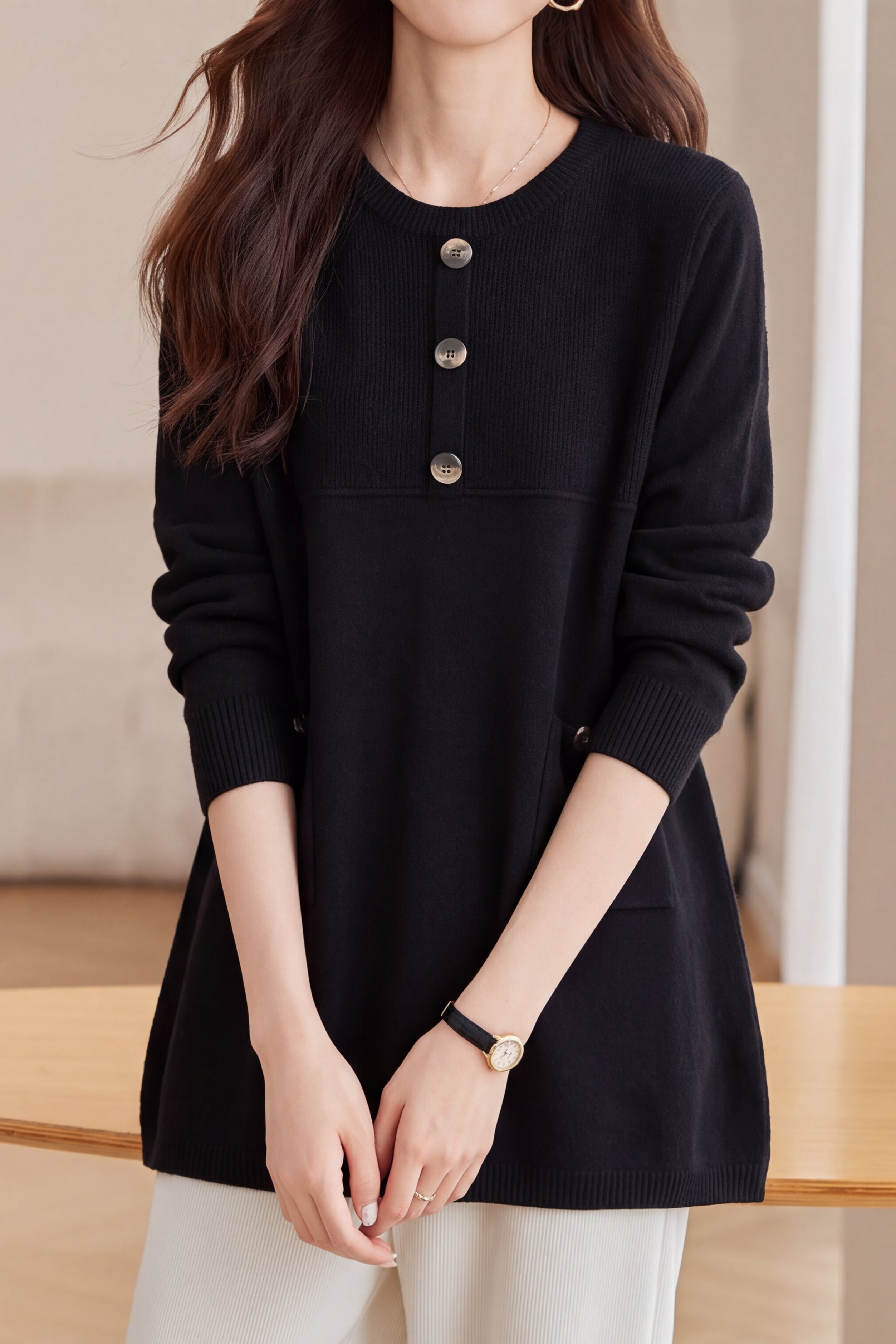 Casual Crew Neck Button Detail Longline Knit Sweater