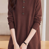 Casual Crew Neck Button Detail Longline Knit Sweater