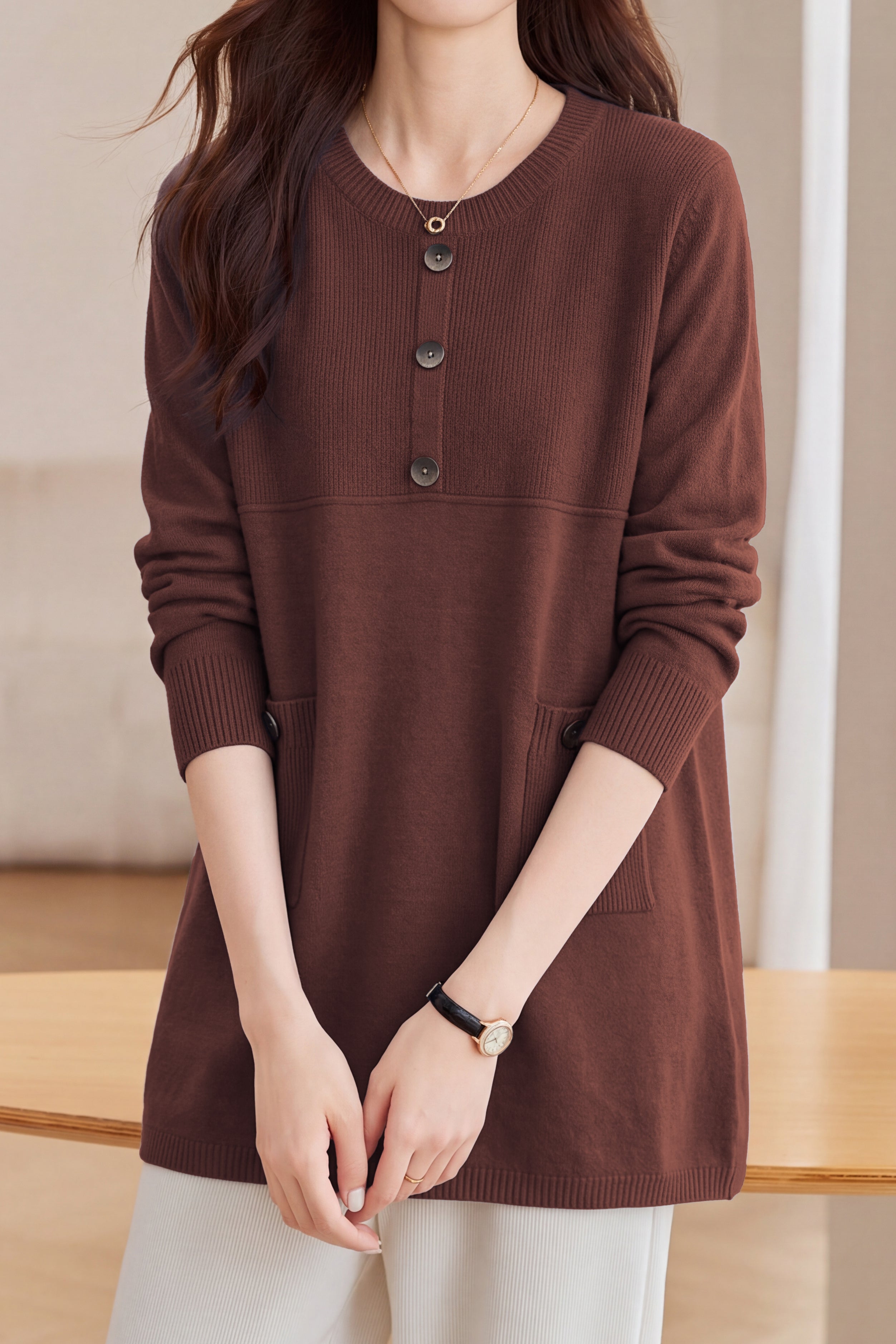 Casual Crew Neck Button Detail Longline Knit Sweater