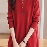 Casual Crew Neck Button Detail Longline Knit Sweater