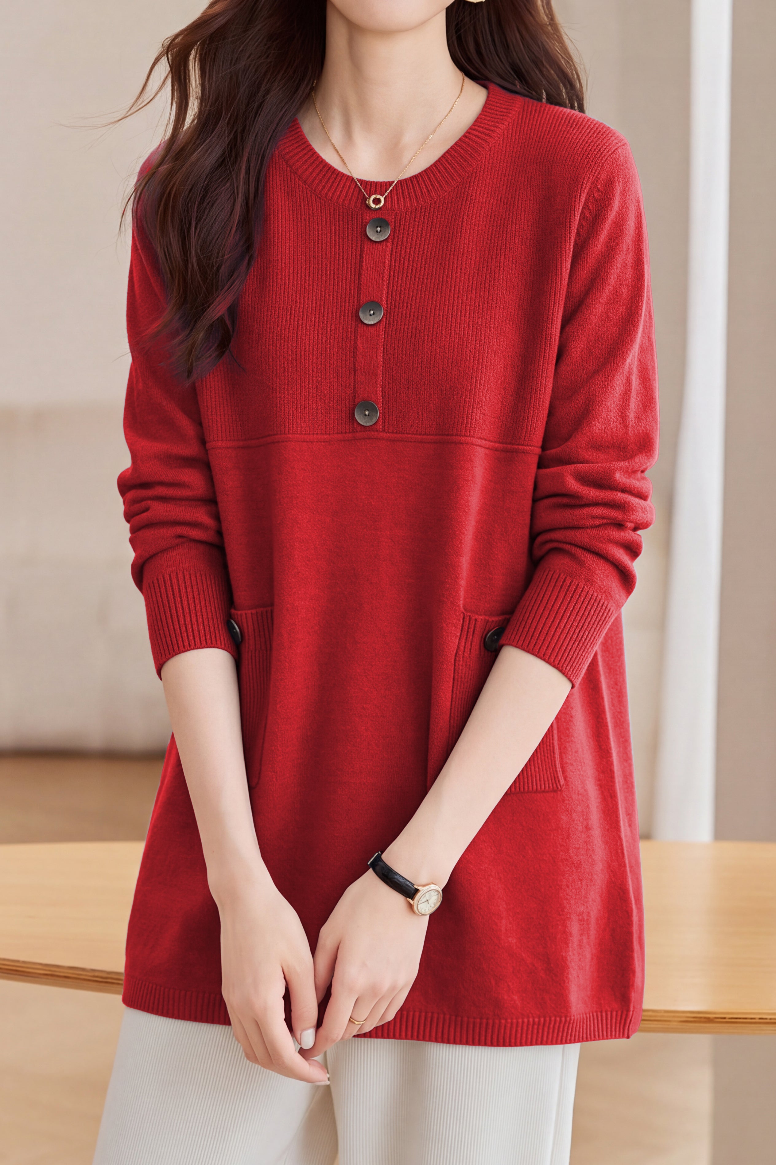 Casual Crew Neck Button Detail Longline Knit Sweater