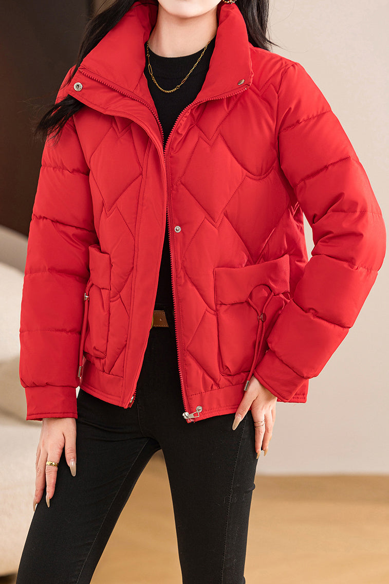 Casual Wave Quilted Padded Jacket with Drawstring and Patch Pockets - liwisi