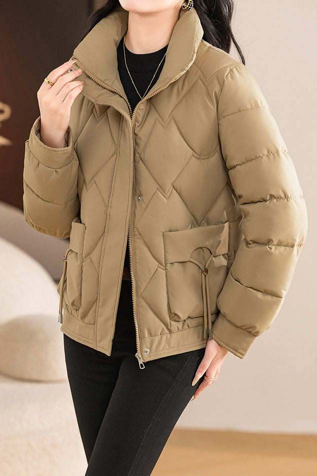 Casual Wave Quilted Padded Jacket with Drawstring and Patch Pockets - liwisi