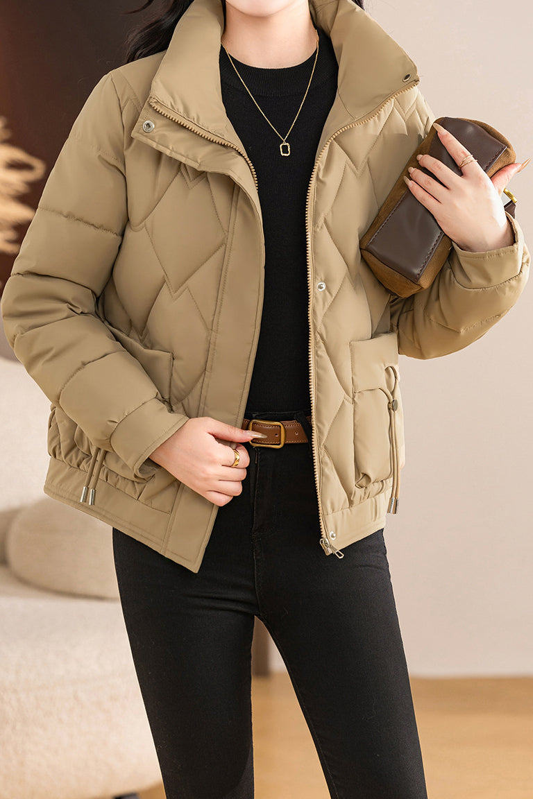 Casual Wave Quilted Padded Jacket with Drawstring and Patch Pockets - liwisi